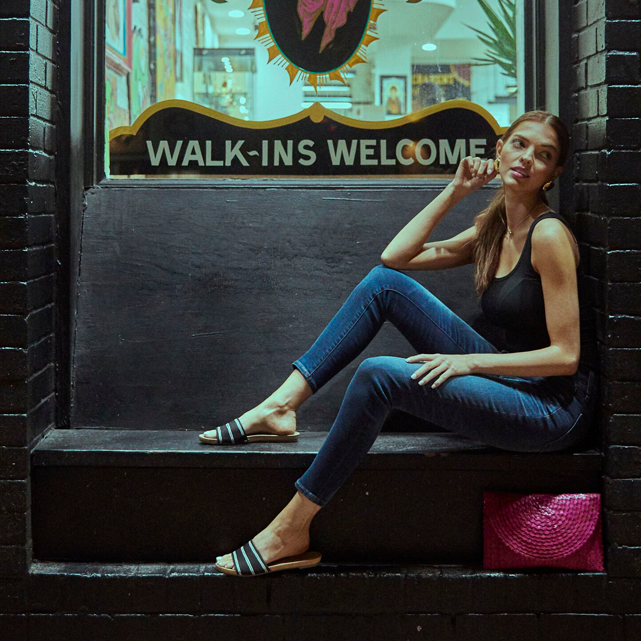 picture of female model wearing women's Sydney woven sandal